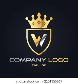 W Letter 3d Luxury Golden Crown Shield Logo Icon