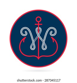 W letter with an anchor and rope vector vintage label, logo, icon design template element. This badge can be used as trademark or a print on fabric.