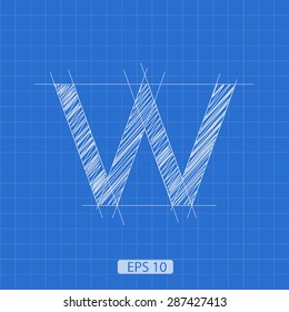 W letter architectural plan on blue print background