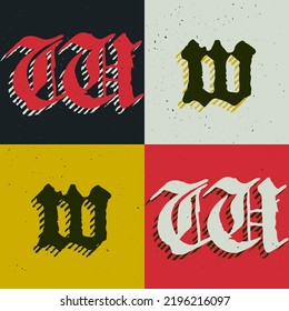 W letter blackletter style logo set with grunge texture. Stylish horror gothic icon font. Perfect for retro style identity, music album covers, movie posters, luxury packaging, medieval design.