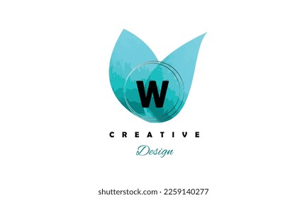 W letter blue water color brush natural shape logo icon with trendy creative vector design on white background