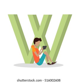 W letter and boy playing on tablet or watching movie isolated. Social network. Alphabet with cartoon pictures of people using modern computer technologies in communication. Flat design. ABC vector