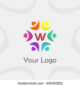 W letter brand identity. Unity people concept. Colorful circle ring and flower logo for business vector set design