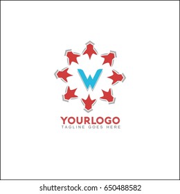 W letter brand identity. Vector graphic elegant sliced alphabet symbol with star element on circle in silver and red color.