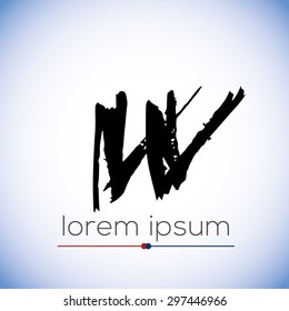 W letter calligraphic hand drawn logo (sign, symbol, icon). Letter w handwritten by dry brush. Rough strokes font. Vector illustration. Grunge style  alphabet.