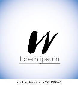  W letter calligraphic hand drawn logo (sign, symbol, icon). Letter W handwritten by dry brush. Rough strokes font. Vector illustration. Grunge style  alphabet.