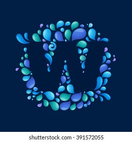 W letter in a circle of splashes and drops of water. Font style, vector design template elements for your ecology application or corporate identity.