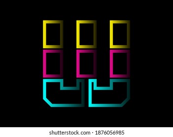 W letter cmyk color vector desing logo. Dynamic split blue, pink, yellow color on black background. For social media,design elements, creative poster, web template and more