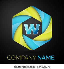 W Letter colorful logo in the hexagonal on black background. Vector template for your design