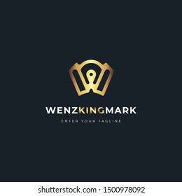 W Letter Crown Logo, Concept Letter W + Icon Crown + Icon Pin Mark. Simple With Gold Color Gradient.