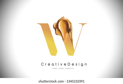 W Letter Design Brush Paint Stroke. Gold w Letter Logo Icon with Golden Paintbrush Vector Illustration