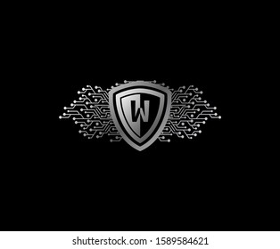 W Letter Digital Data Protection Logo Icon with Shield and Network Line Shape