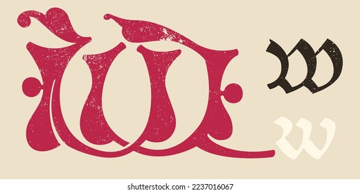 W letter drop cap logo. Illuminated initial and blackletter uppercase and lowercase. All you need to precisely imitate medieval text. Decorative element for the beginning of a paragraph or section.