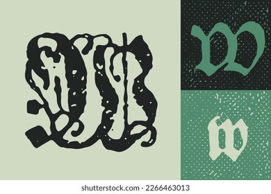 W letter drop cap logo. Illuminated initial and blackletter uppercase and lowercase. All you need to precisely imitate medieval text. Decorative element for the beginning of a paragraph or section.