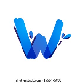 W letter eco logo with blue water drops handwritten with a felt-tip pen. Vector marker font can be used for eco friendly, vegan, bio, raw, organic template.