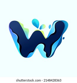 W letter eco logo with blue dew drops in hologram glitch style. Environment friendly icon with color shift and illusion effect. Vector idea for waste recycling identity or organic merchandise.