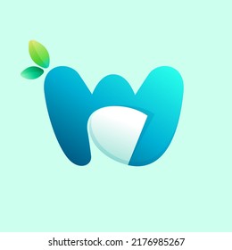 W letter eco logo with curled corner and green leaves. Negative space style icon. Colorful gradient note paper. Vector origami font for agriculture art, waste recycling design, healthy food packaging.