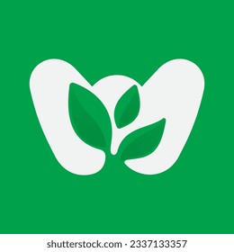 W letter eco logo with green leaves. Negative space agriculture icon. Lush foliage emblem. Vector template for seeds growing company, summer posters, waste recycling identity, nature friendly labels.