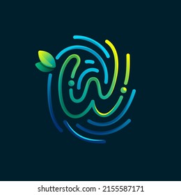 W letter eco logo made of fingerprint. Gradients icon with green leaves and dew drops. Perfect for online payment art, biometric design, agriculture advertising, pure food packaging, modern identity.