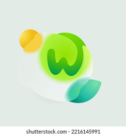 W letter eco logo in round splash with green leaf and sun. Realistic glassmorphism style translucent icon. Environment friendly negative space emblem for agriculture advertising, and healthy food.