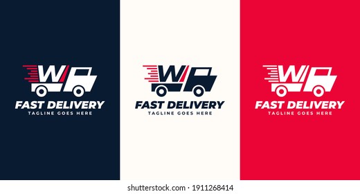 W Letter express delivery  Logo designs Template. Illustration vector graphic of  letter and fast truck  logo design concept. Perfect for Delivery service, Delivery express logo design