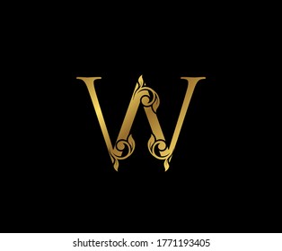 W Letter Floral Gold logo. Classy drawn emblem for book design, weeding card, brand name, business card, Restaurant, Boutique, Hotel. 