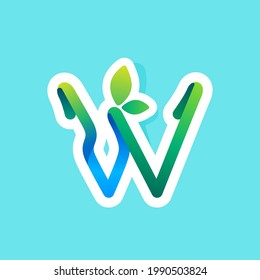 W letter flow line eco logo with green leaves. Vector green icon perfect to use in your agriculture labels, science posters, spring advertising campaign.