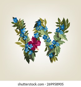 W letter. Flower  alphabet. Colorful font. Lowercase.  Vector illustration.