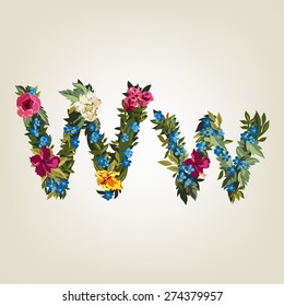 W letter. Flower capital alphabet. Colorful font. Uppercase and Lowercase. Vector illustration.