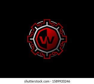 W Letter Gear Connection Data Logo Icon, Initial W with Gear and Network Line Shape