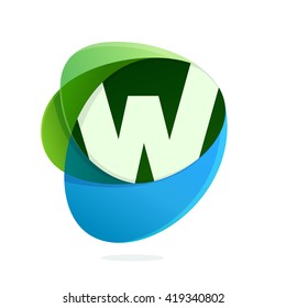 W letter with green leaves and blue drops. Vector design template elements for your eco application or corporate identity.