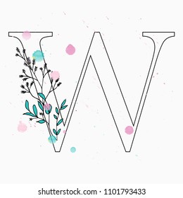 W letter. Hand drawn floral alphabet with watercolor drops. Vector wedding symbol.