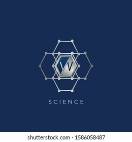 W Letter Hexagon Ring Techno Logo. Silver Hexagon Geometrical Ring with letter logo icon on blue background color for science technology design concept.