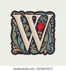 W letter illuminated initial with curve leaf ornament and tulips. Medieval dim colored fancy drop cap logo. Gothic heraldry blackletter dark-age emblem. Perfect for luxury calligraphy with pattern.