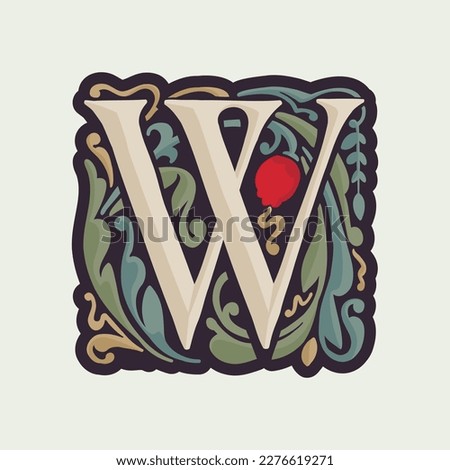 W letter illuminated initial with curve leaf ornament and tulips. Medieval dim colored fancy drop cap logo. Gothic heraldry blackletter dark-age emblem. Perfect for luxury calligraphy with pattern.