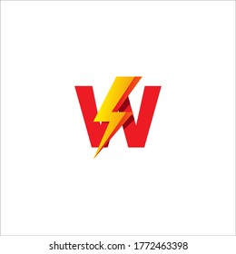 W Letter Initial Logo Design Template. Alphabet with Thunder Shape Logo Concept. Isolated On White Background. Hot Red and Yellow Orange Gradation Color Theme.