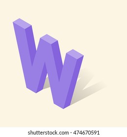 W letter in isometric 3d style with shadow. Violet W letter vector illustration