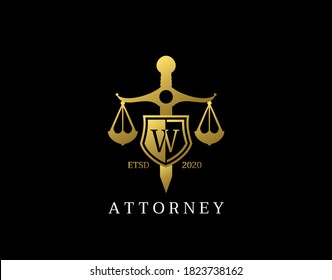 W Letter Law Logo design with golden sword, shield, wreath symbol vector design. Perfect for for law firm, company, lawyer or attorney office logo.
