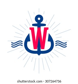 W letter logo. Anchor and rope vector vintage label, logo, icon design template element. This badge can be used as trademark or a print on fabric.