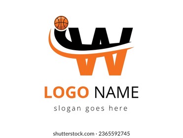 W Letter Logo With Basketball Ball. Sports Symbol Vector Template Design