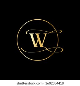 W letter logo with black background.This is a golden frame letter logo.W letter icon.