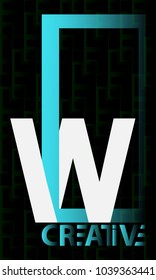 W Letter logo bold with blue rectangle isolated on black texture background.