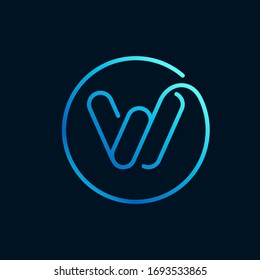 W letter logo in a circle. Impossible line style. Perfect blue icon for digital labels, nightlife print, neon advertising, etc.