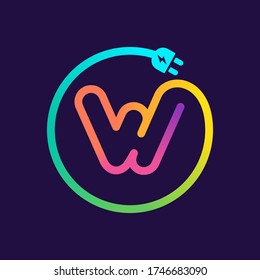 W letter logo in a circle with plug adapter cable. Impossible one line style. Perfect wire icon for technology labels, charge posters, electric company, etc.