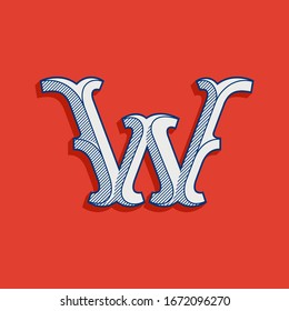 W letter logo in classic sport team style. Vintage slab serif font with lines shadow. Perfect for victorian identity, luxury package, retro book, western diploma, etc.