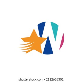 W letter logo and creative flying star. Corporate logo initials in round emblem. Speed ​​effect star vector illustration. Corporate brand identity. white background.