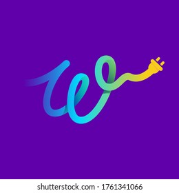 W letter logo with curl cable and plug adapter. Vector typeface for energy labels, wire headlines, power posters, electric company identity, etc.