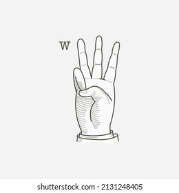 W Letter Logo In A Deaf-mute Hand Gesture Alphabet. Hand-drawn Engraving Style Vector American Sign Language Illustration.