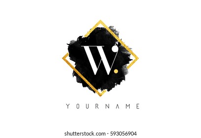 W Letter Logo Design with Black ink Stroke over Golden Square Frame.