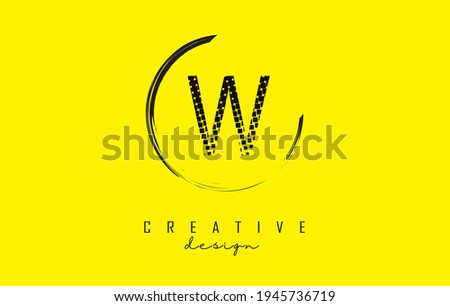 W letter logo design with black squares and circle frame on bright yellow background. Creative vector illustration with letter W.
